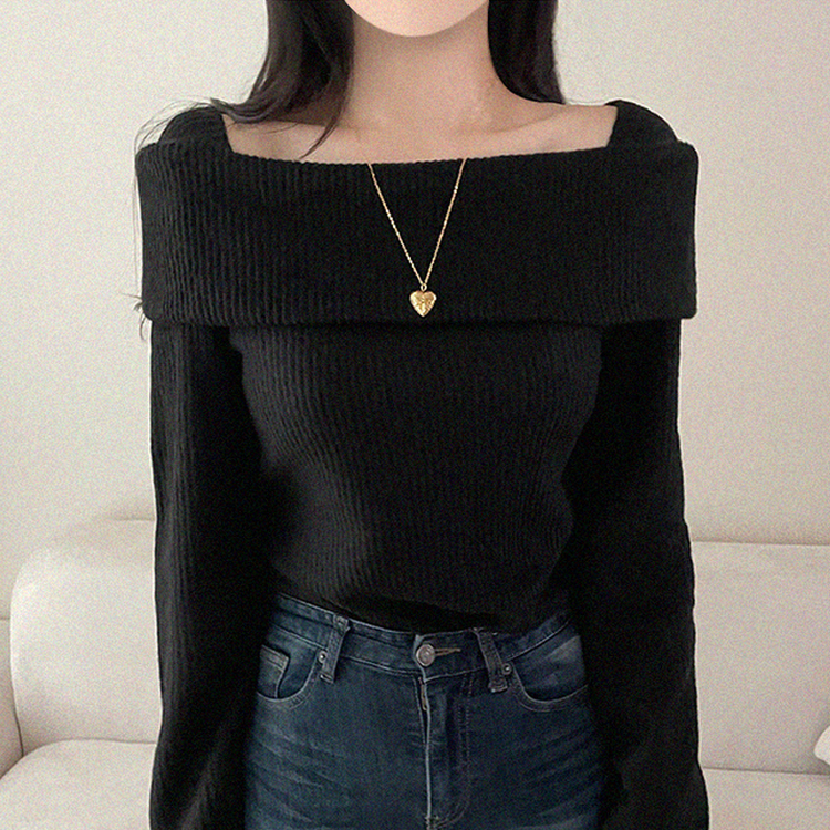 【起毛】リブオフショルダーふんわりニット BLACK