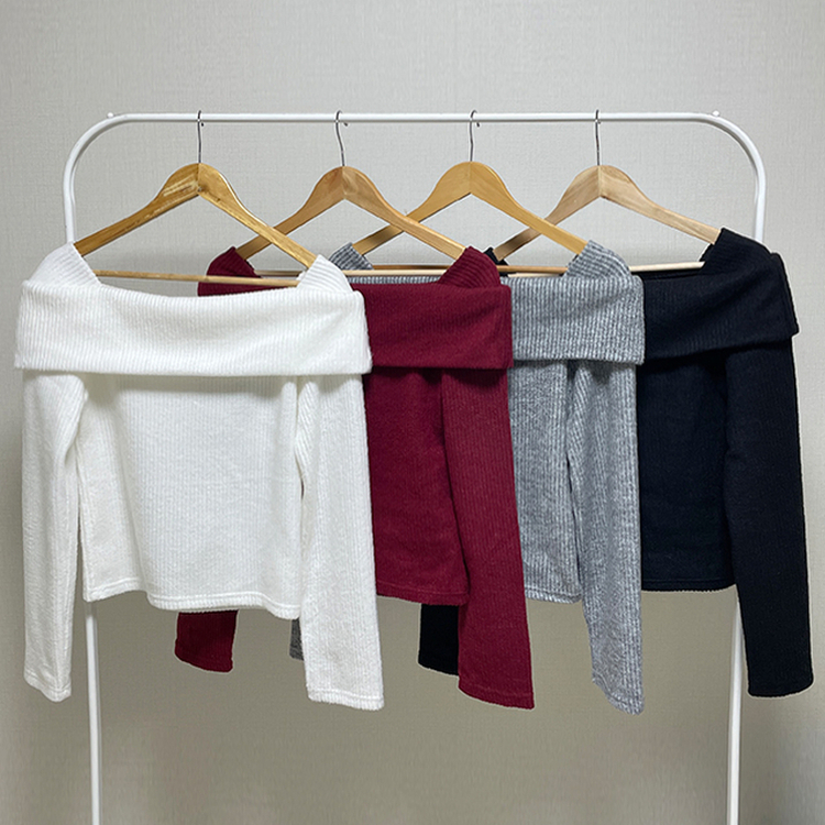 【起毛】リブオフショルダーふんわりニット