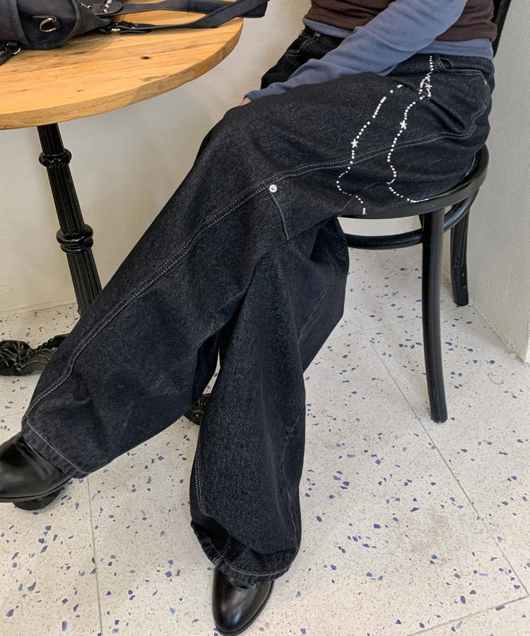 スターキーリングバルーンデニムパンツ BLACK DENIM