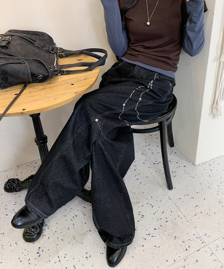 スターキーリングバルーンデニムパンツ BLACK DENIM