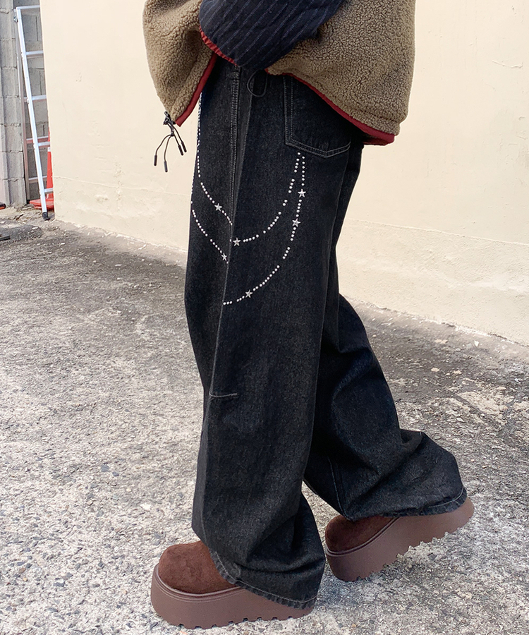 スターキーリングバルーンデニムパンツ BLACK DENIM