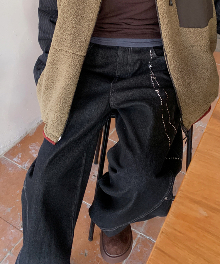 スターキーリングバルーンデニムパンツ BLACK DENIM
