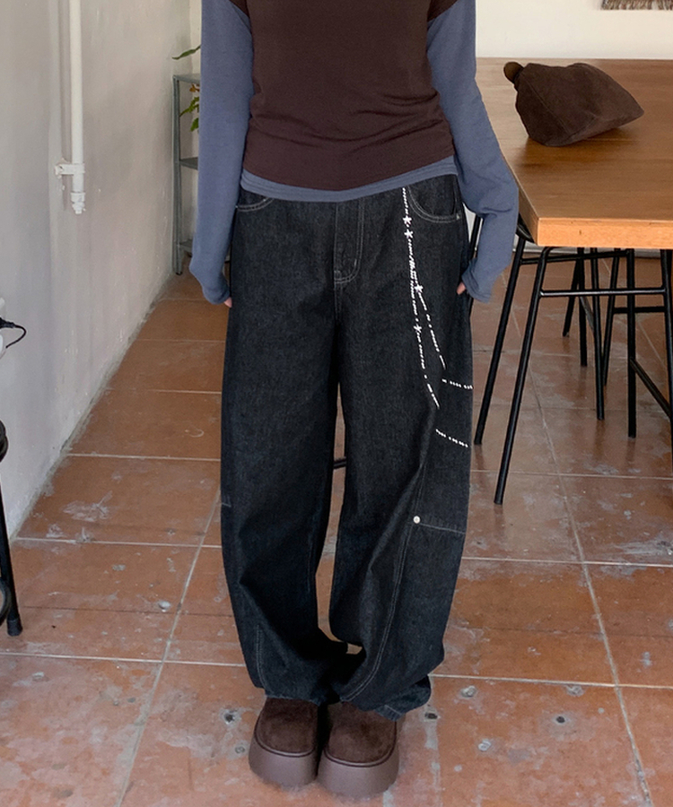 スターキーリングバルーンデニムパンツ BLACK DENIM