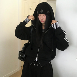 【起毛】クルーラインフードジップアップ BLACK