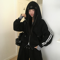 【起毛】クルーラインフードジップアップ BLACK