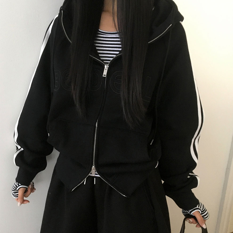 【起毛】クルーラインフードジップアップ BLACK