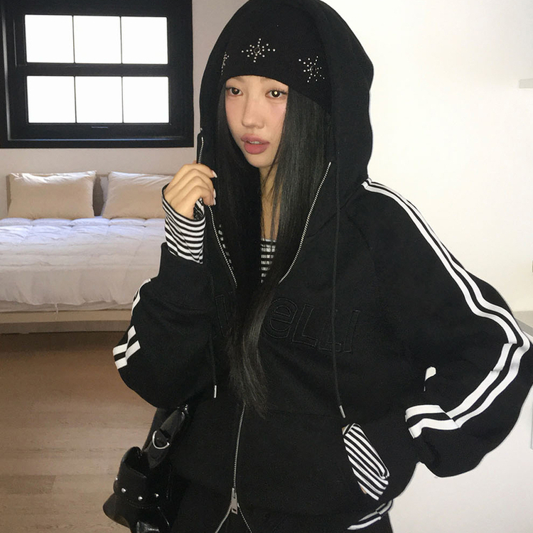 【起毛】クルーラインフードジップアップ BLACK