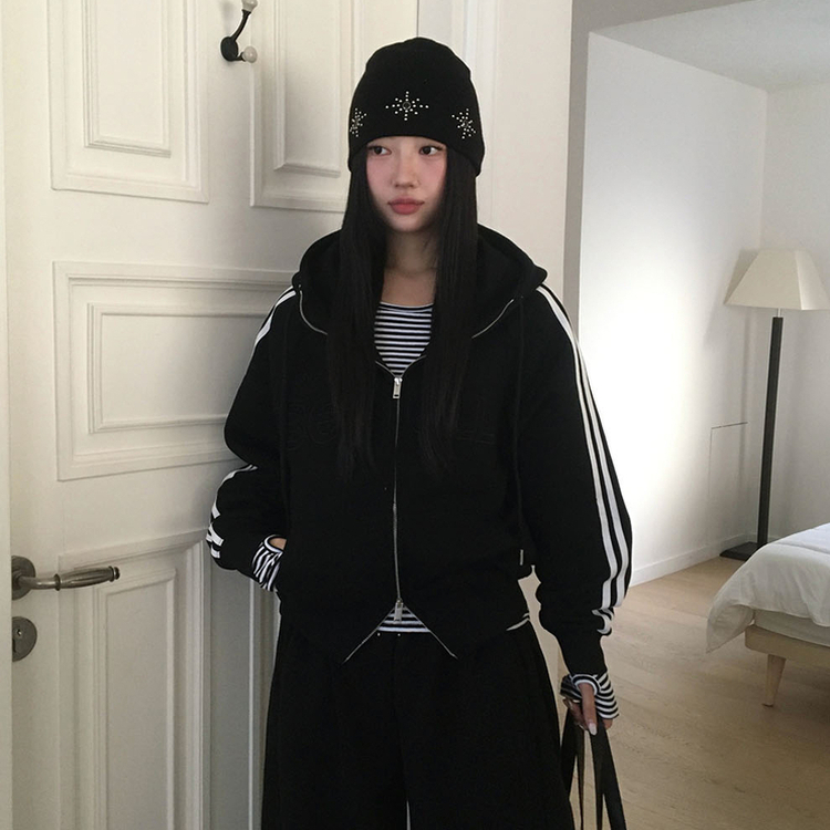 【起毛】クルーラインフードジップアップ BLACK