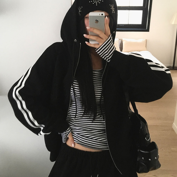 【起毛】クルーラインフードジップアップ BLACK