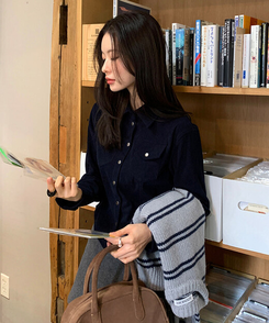 【起毛】コーデュロイスリムシャツ NAVY
