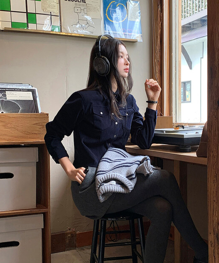 【起毛】コーデュロイスリムシャツ NAVY