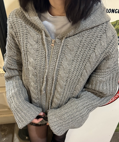 후드 꽈배기 니트 가디건 그레이