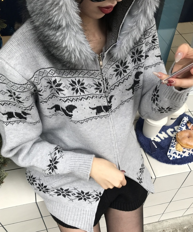 투웨이 퍼 후드 니트 집업