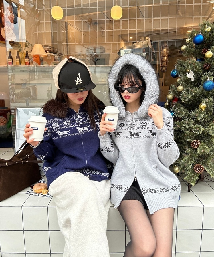 투웨이 퍼 후드 니트 집업