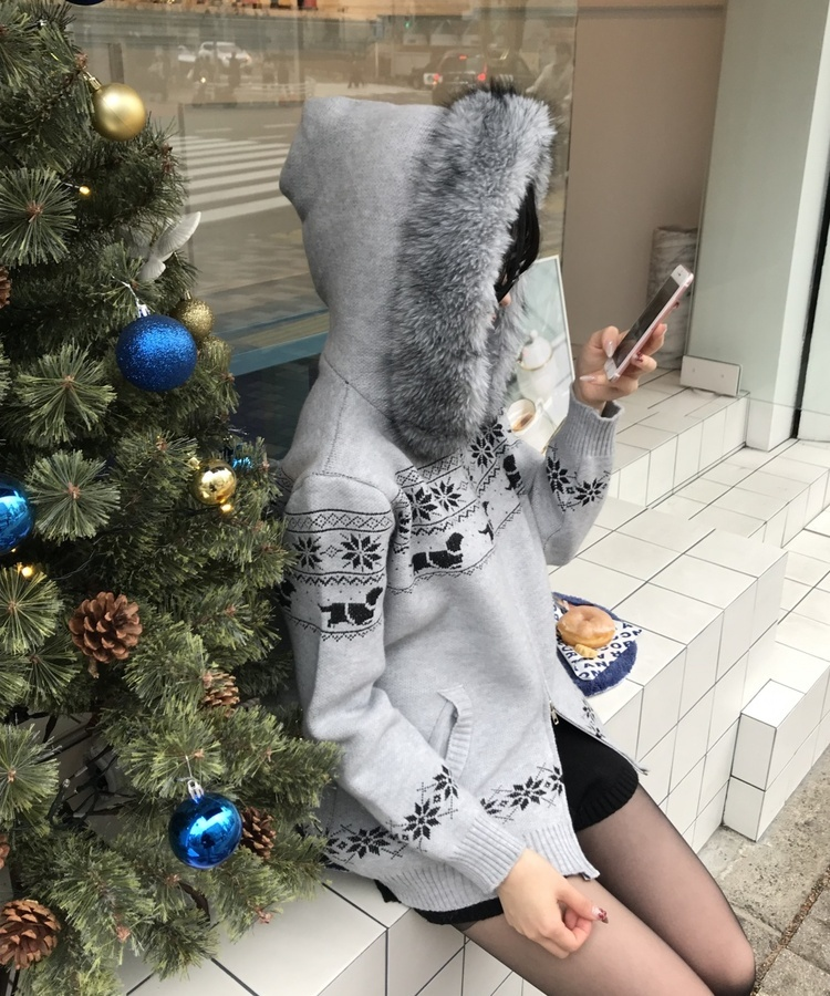 투웨이 퍼 후드 니트 집업