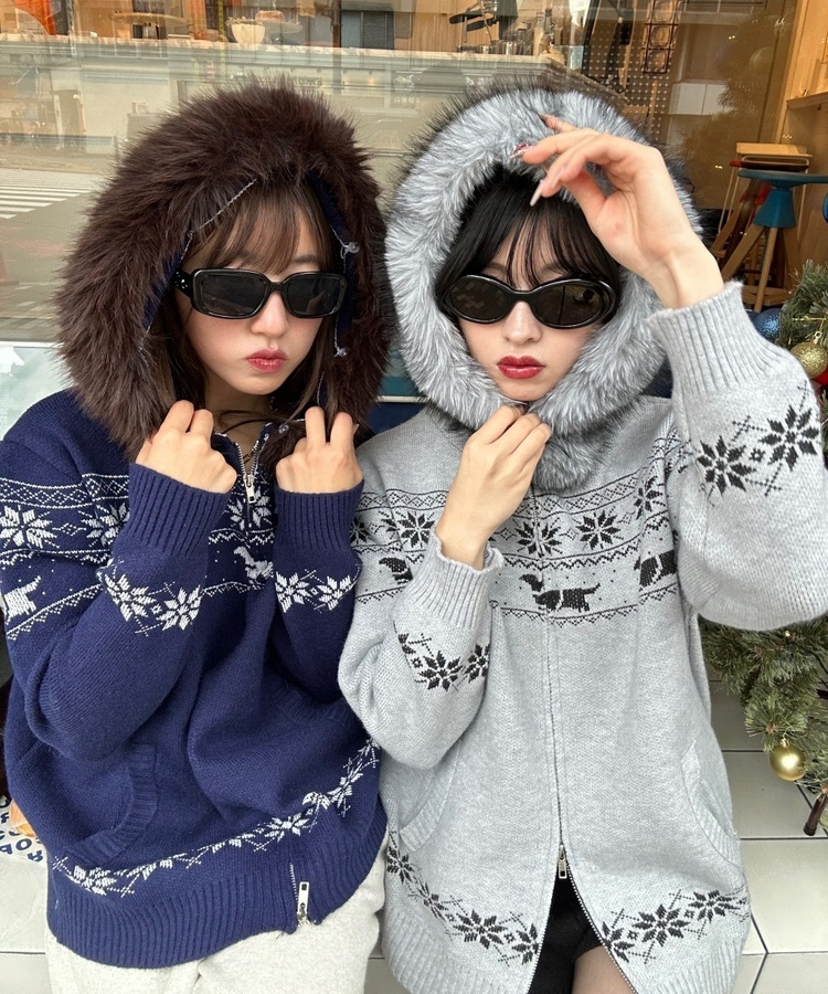 투웨이 퍼 후드 니트 집업