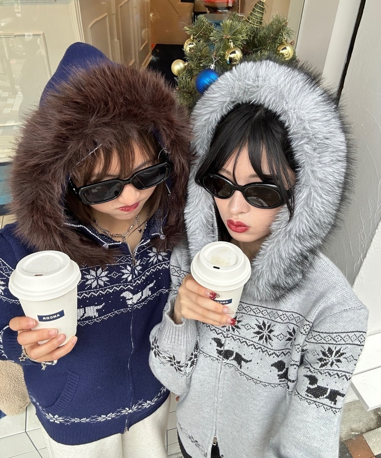 투웨이 퍼 후드 니트 집업