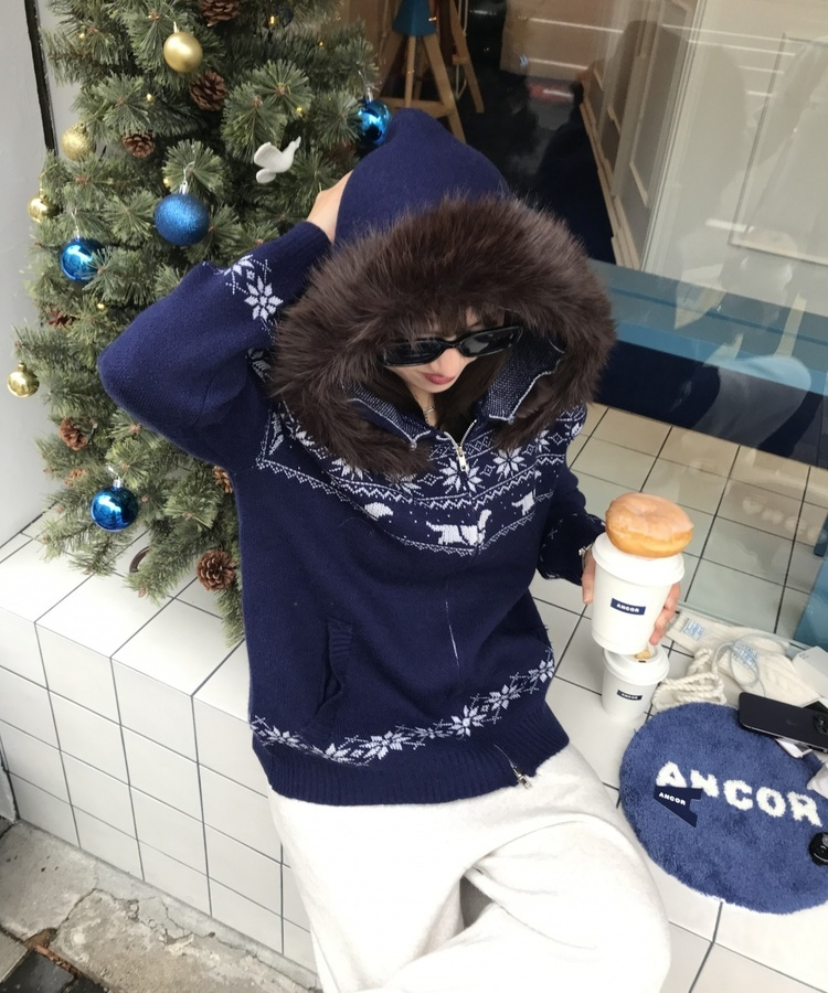 투웨이 퍼 후드 니트 집업