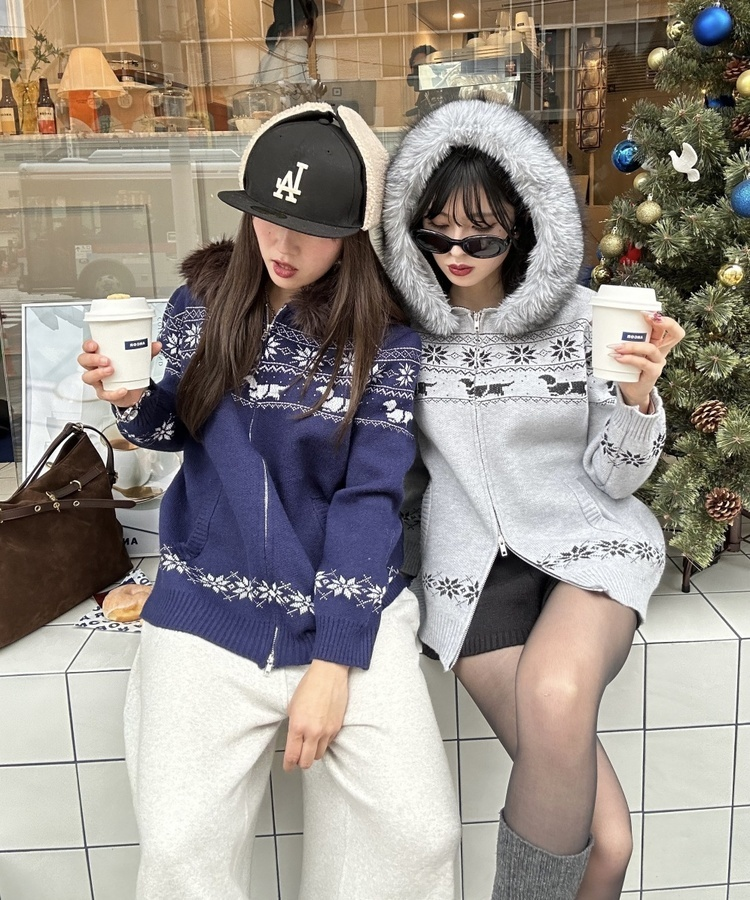 투웨이 퍼 후드 니트 집업