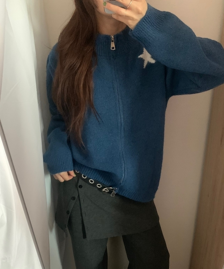 スター星9ナンバーニットジップアップ DEEP BLUE