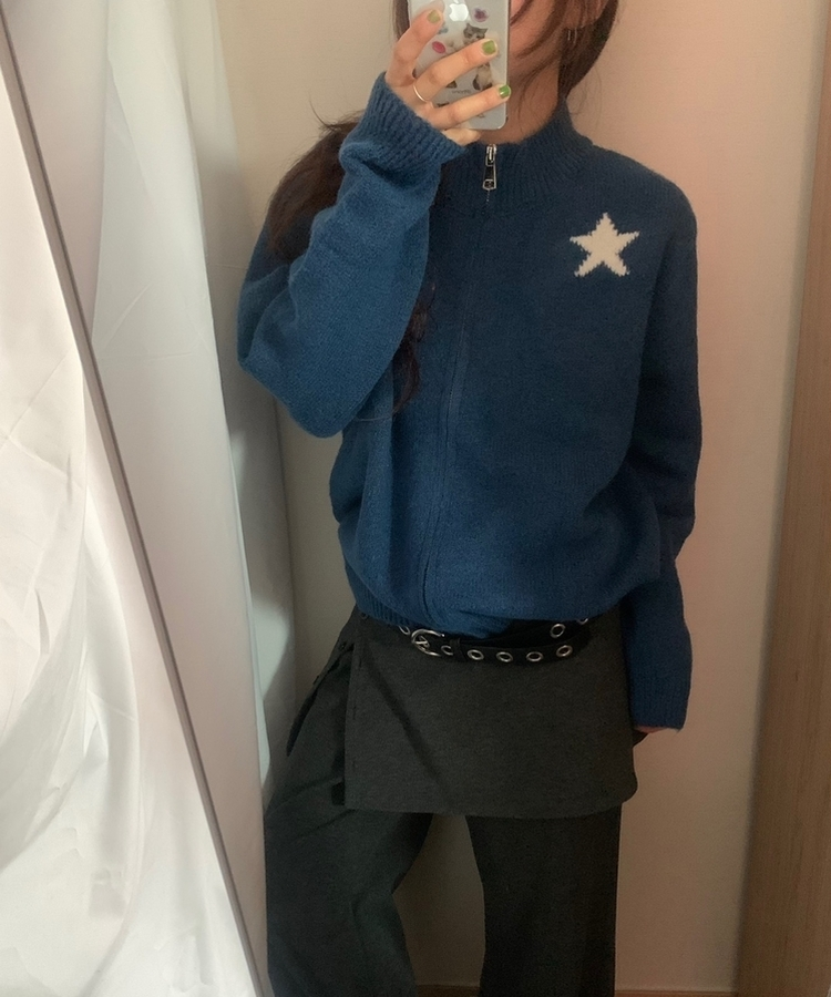 スター星9ナンバーニットジップアップ DEEP BLUE