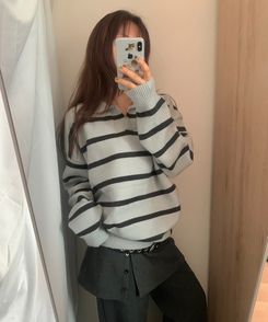 カラーネックストライプニット GREY