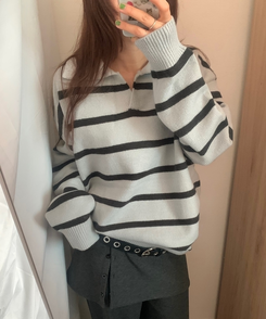 カラーネックストライプニット GREY