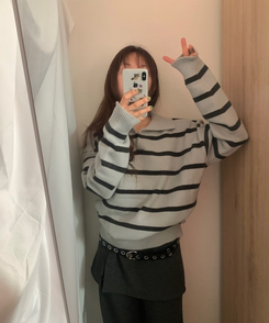 カラーネックストライプニット GREY