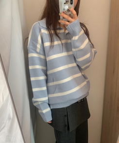 カラーネックストライプニット SKY BLUE