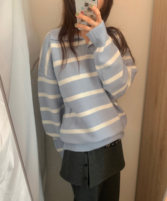 カラーネックストライプニット SKY BLUE