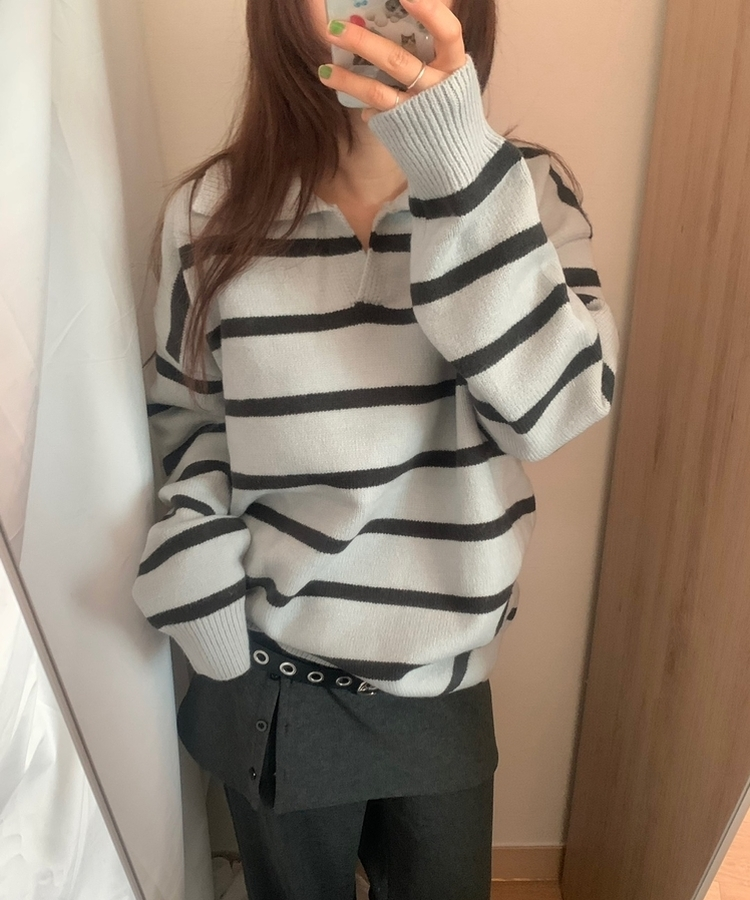 カラーネックストライプニット GREY