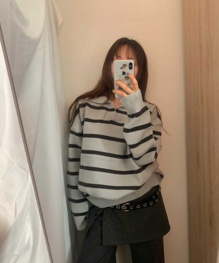 カラーネックストライプニット GREY