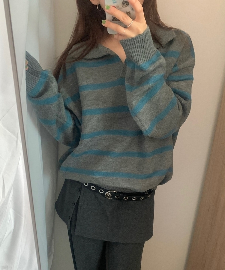 カラーネックストライプニット CHARCOAL