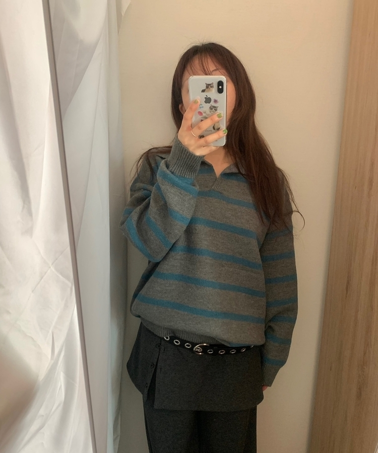 カラーネックストライプニット CHARCOAL