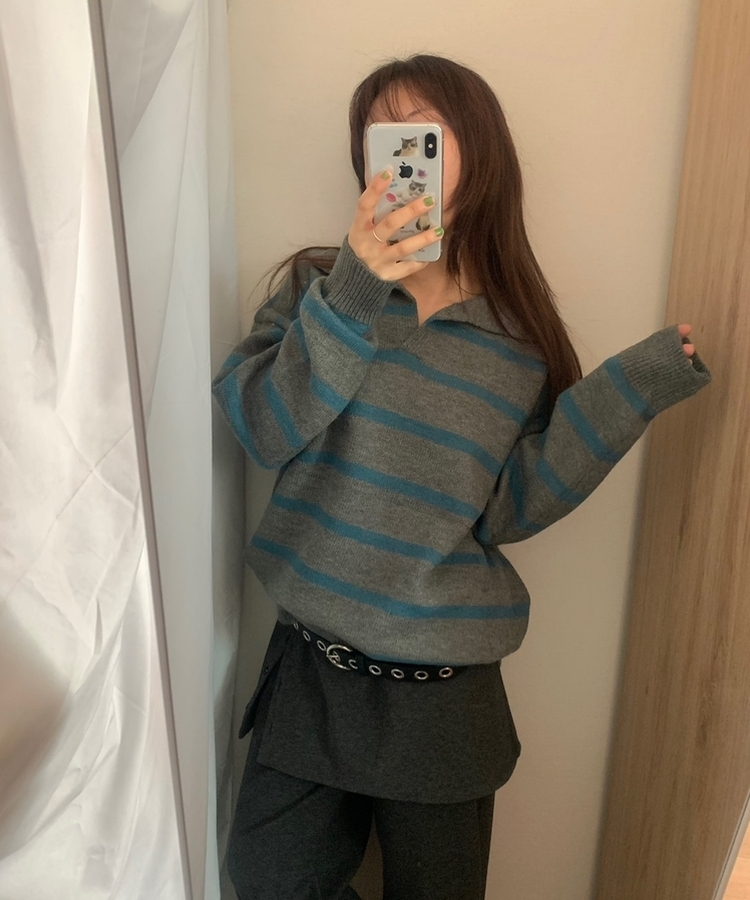 カラーネックストライプニット CHARCOAL