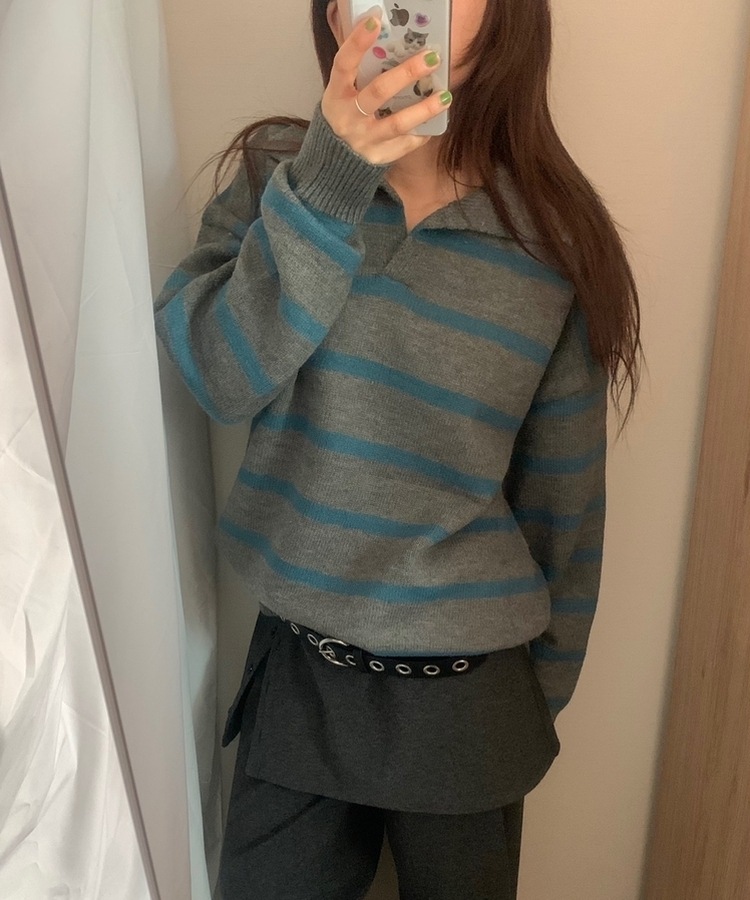 カラーネックストライプニット CHARCOAL