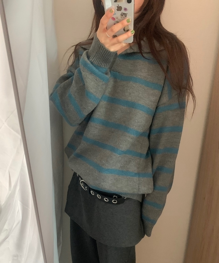 カラーネックストライプニット CHARCOAL