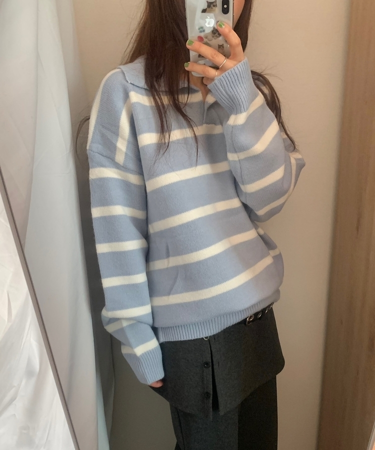 カラーネックストライプニット SKY BLUE