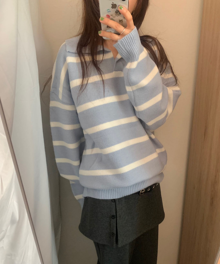 カラーネックストライプニット SKY BLUE