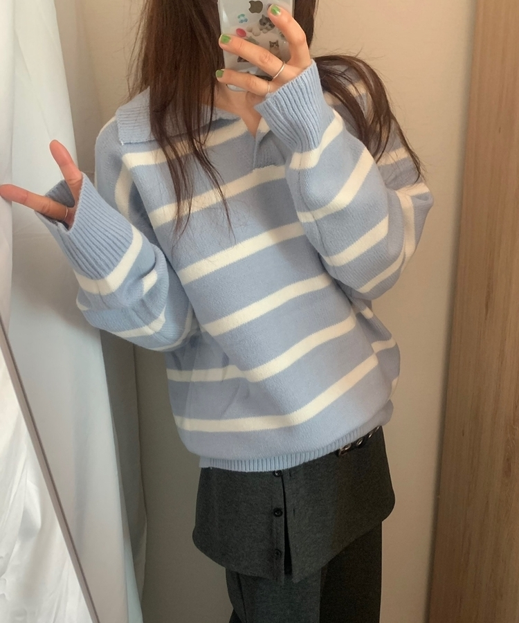 カラーネックストライプニット SKY BLUE