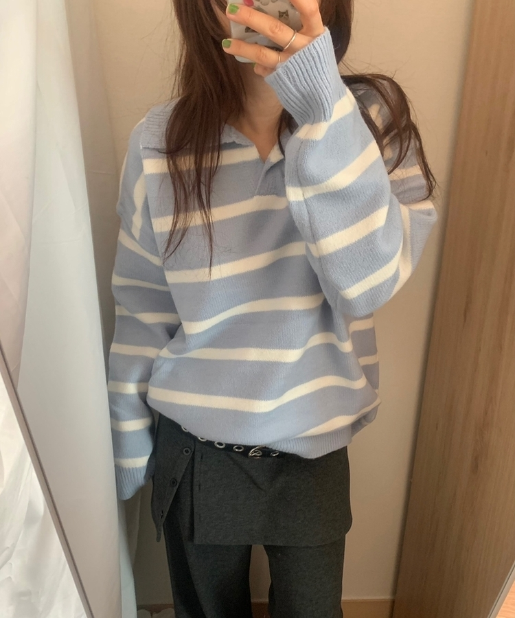 カラーネックストライプニット SKY BLUE