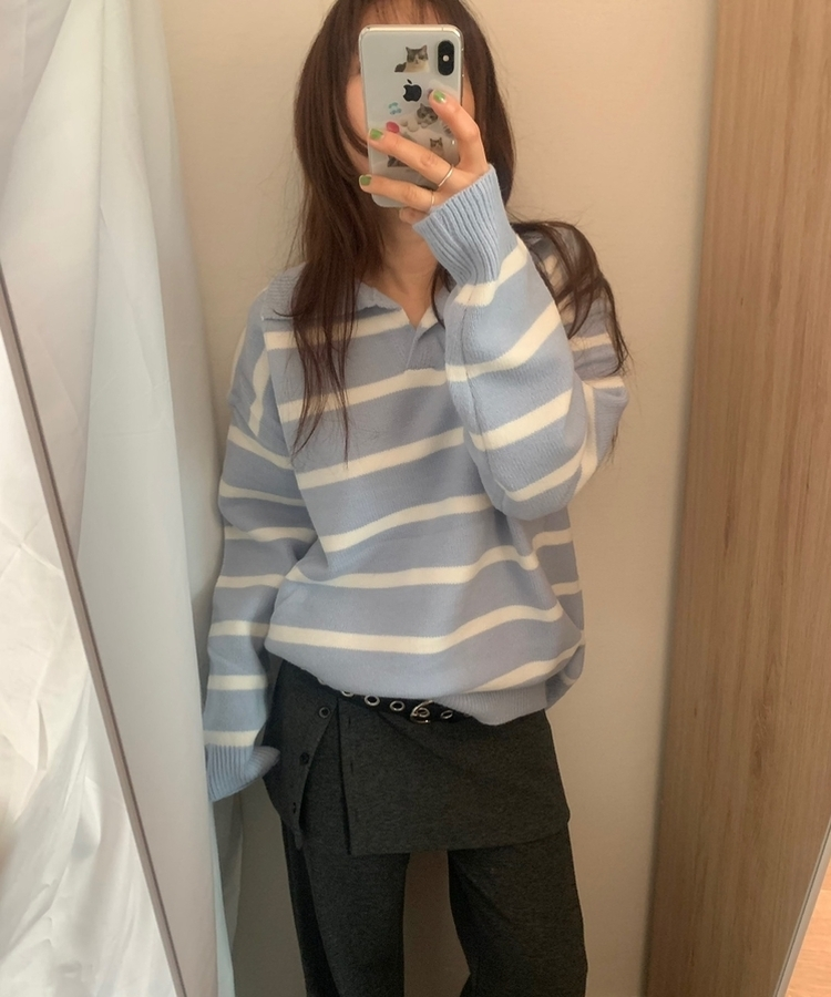 カラーネックストライプニット SKY BLUE