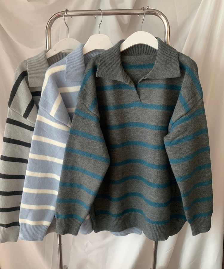 カラーネックストライプニット