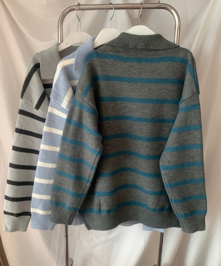 カラーネックストライプニット