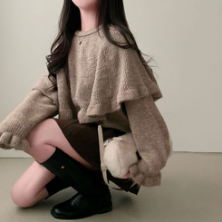 보온성 두배포근 보트넥 루즈핏 니트 케이프 숄 망토 세트 베이지