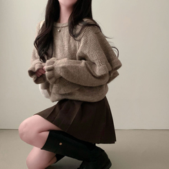 보온성 두배포근 보트넥 루즈핏 니트 케이프 숄 망토 세트 베이지