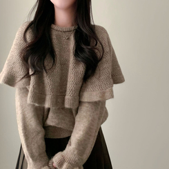 보온성 두배포근 보트넥 루즈핏 니트 케이프 숄 망토 세트 베이지