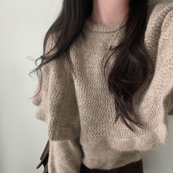 보온성 두배포근 보트넥 루즈핏 니트 케이프 숄 망토 세트 베이지