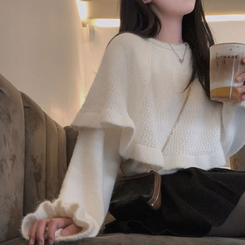 보온성 두배포근 보트넥 루즈핏 니트 케이프 숄 망토 세트 아이보리