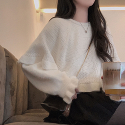 보온성 두배포근 보트넥 루즈핏 니트 케이프 숄 망토 세트 아이보리